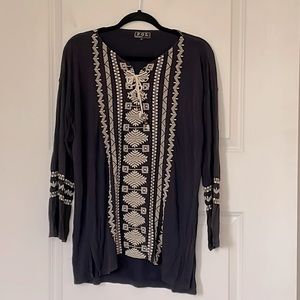 Pol Clothing Navy Tribal Embroidered Lace Up Top Large